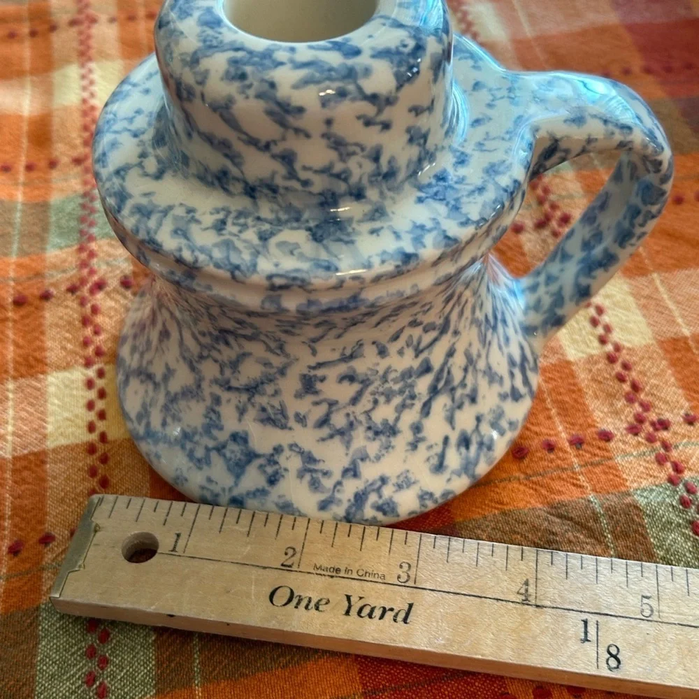 Country Blue And White Spongeware Candleholder With Handle Decor